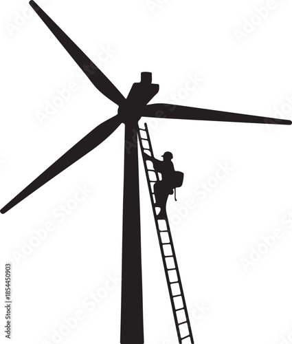 Solid silhouette of a worker climbing a ladder attached to a wind turbine vector art illustration