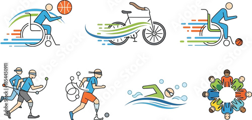 Vector Icons for People with Disabilities Depicting Adaptive Sports and Inclusive Community Activities for People with Disabilities
