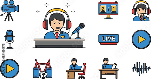 Sports Broadcasting and Live Event Coverage Icon Set with Commentators and Media Equipment