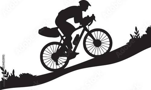Vector silhouette of a cyclist riding a gravel bike equipped with frame and saddle bags art illustration