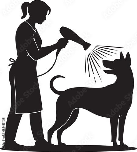 Vector silhouette of a groomer holding a powerful dryer aimed at a standing dog vector art illustration