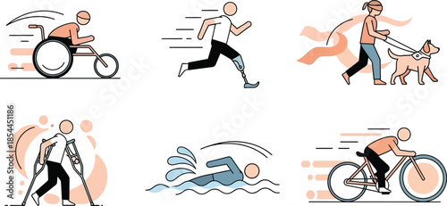 Dynamic illustrations of disability people with diverse abilities participating in various sports activities.