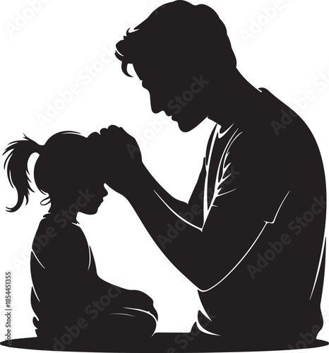 Warm silhouette of a father tying a ponytail on a seated child vector art illustration