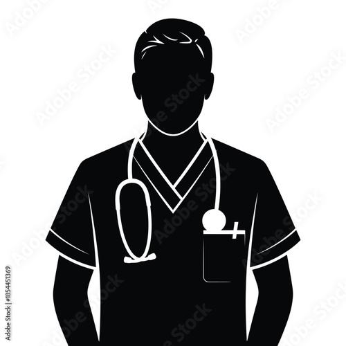 Silhouette of a doctor wearing scrubs and a stethoscope