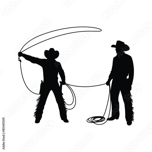 A silhouette of two cowboys with a lasso in the wild west