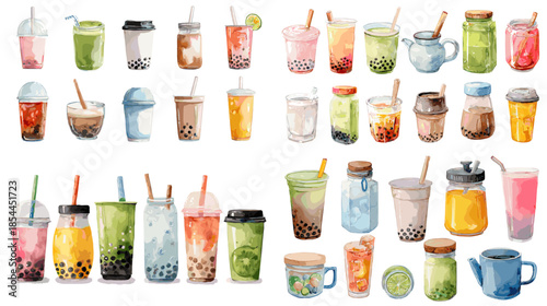 Watercolor iced drinks and beverages in clear cups and mugs, suitable for cafe menus, summer branding, food illustrations, and refreshing lifestyle designs.