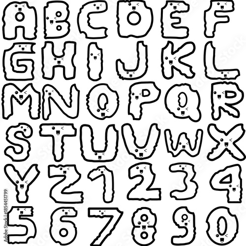 Foto Cute alphabet and number character with wink expressions and highlighted heart eyes, an outline black and white illustration set for stickers, emoji, and coloring books