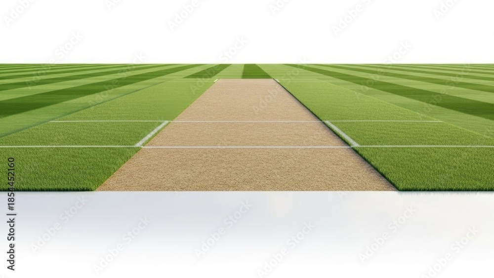Fototapeta premium Cricket field with green striped grass and light brown pitch | Cricket, pitch, wicket, field, sports, game.