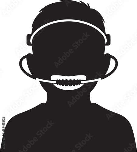 Clean silhouette of a child wearing orthodontic headgear straps vector art illustration