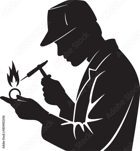 Clean silhouette of a jeweler holding a small torch over a ring vector art illustration