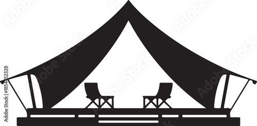 Clean silhouette of a luxury glamping tent with porch vector art illustration