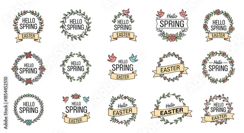 Collection of floral wreaths and ribbons with Hello Spring and Happy Easter text in a charming hand drawn style with pastel colors.