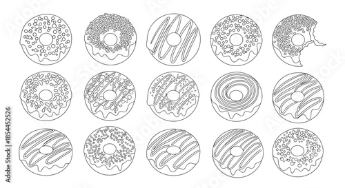 Detailed line art icons of various donuts with different toppings, glazes, and sprinkles including one with a bite taken out of it.