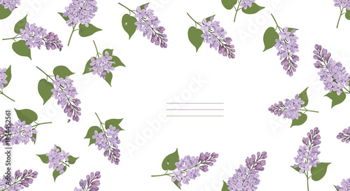 Elegant background featuring scattered clusters of purple lilac flowers with green leaves on a white background with text lines in center.