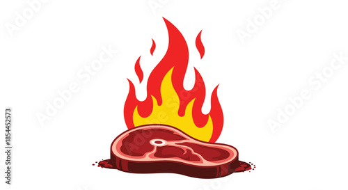 Bold illustration of a thick raw beef steak with a bright orange and yellow flame rising behind it, suggesting grilling or heat.