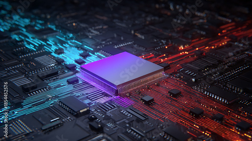 Close-up of a vibrant microchip on a circuit board with colorful glowing lines