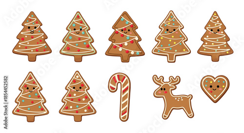 Adorable set of Christmas gingerbread cookies with cute faces including trees, a candy cane, reindeer, and heart for holiday treats.