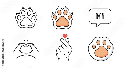 Collection of cute icons featuring cat or dog paw prints, speech bubbles, and various hand gestures like heart and finger heart shapes.