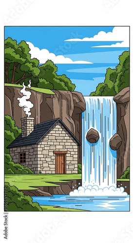 Waterfall Cottage in Rocky Landscape Scene.