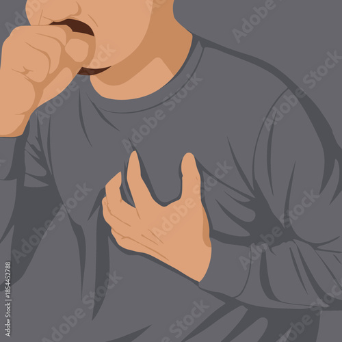 A man holds his chest while experiencing breathing discomfort, illustrating the concept of respiratory illness and lung-related health problems.
