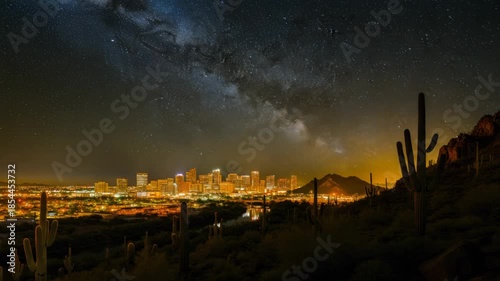 Captivating Nightscape Time-Lapse of Phoenix Arizona Under a Starry Milky Way Galaxy Canvas
