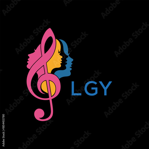 Creative Feminine Music Logo with Treble Clef and Colorful Female Silhouettes – LGY  Later Logo, Beauty and Art Concept
