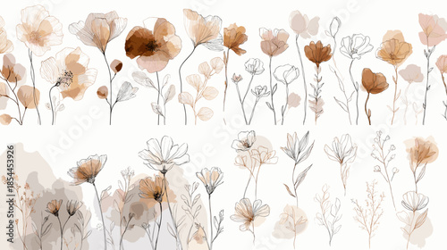 Soft watercolor wild flowers and delicate stems in warm neutral tones, ideal for romantic stationery, botanical decor, wedding designs, and elegant nature inspired backgrounds.