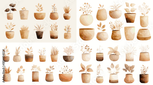 Collection of watercolor ceramic plant pots and planters in warm neutral tones, suitable for interior decor, gardening themes, artisan branding, and modern still life illustrations.