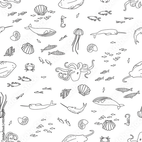 Seamless pattern with hand drawn sea animals in outline style, marine ecosystem and underwater world illustration