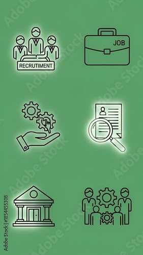 Business Recruitment and Job Search Icons with Gears and Bank