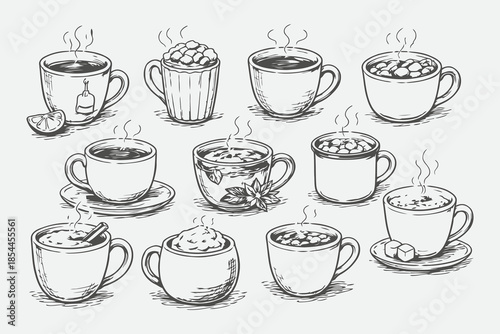 Hand Drawn Hot Drinks in Mugs Vector Sketch Illustration Set