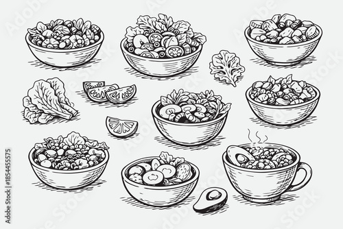Hand Drawn Salad and Fresh Bowl Food Vector Sketch Set