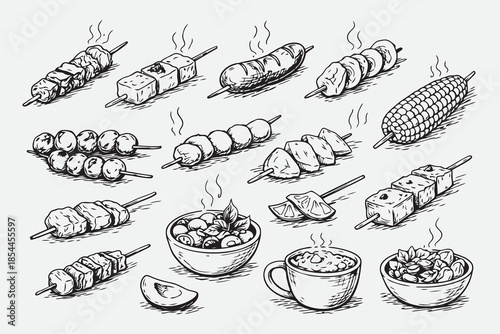 Hand Drawn Street Food Skewers Vector Sketch Illustration Set