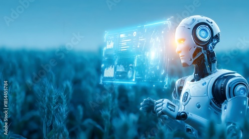 A futuristic robot analyzes data in a field, blending technology and agriculture in a vibrant, digital landscape.