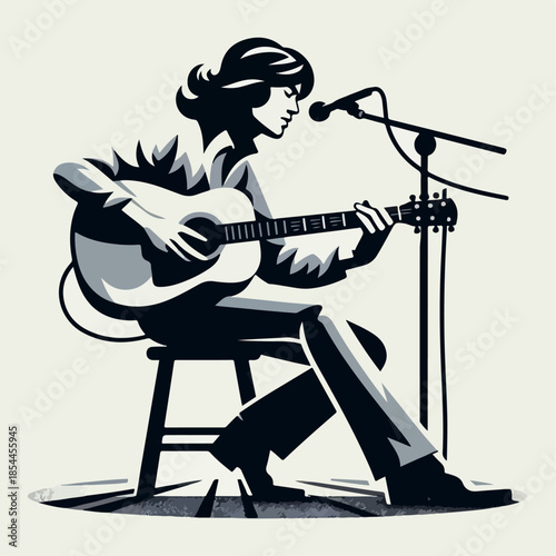 Black and White Guitarist Music Performance Illustration