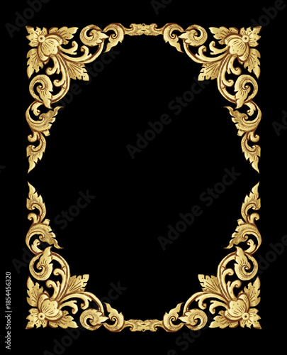 Pattern of flower carved frame isolated on black background. gold frame