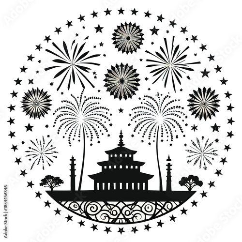 Black and white 2d vector illustration of pagoda silhouettes