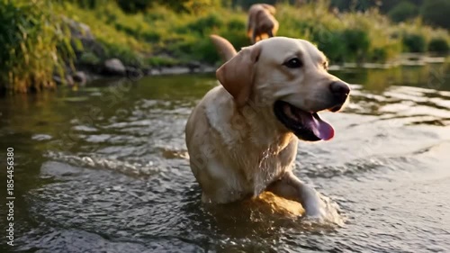 Two dogs playing in a river.