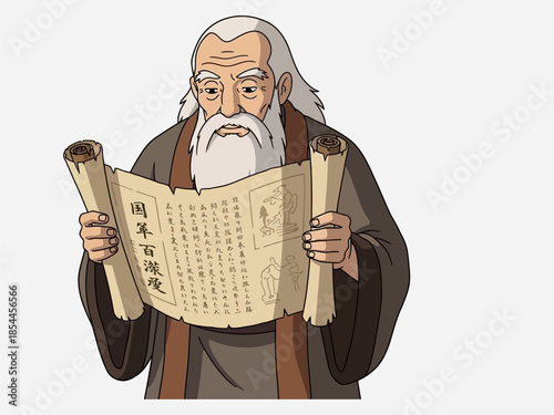 Elderly Man Reading Ancient Scrolls Illustration.