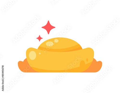 Illustration of a gold coin or yuanbao. Gold ingot. Element, symbol, decoration, or design ornament. Celebration, festival, event, Chinese New Year. Flat style. White background.