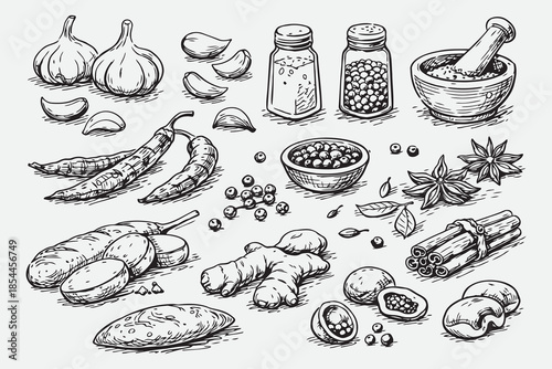 Hand Drawn Spices and Cooking Ingredients Vector Sketch Set