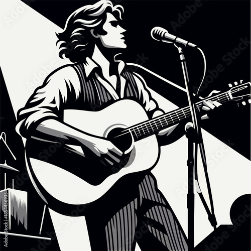 Black and White Acoustic Guitar Player Illustration