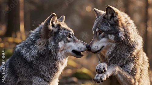 Two gray wolves interacting in forest.