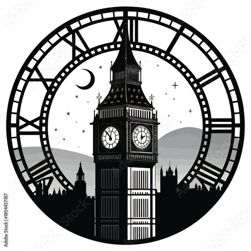 Black and white vector illustration of big ben clock tower