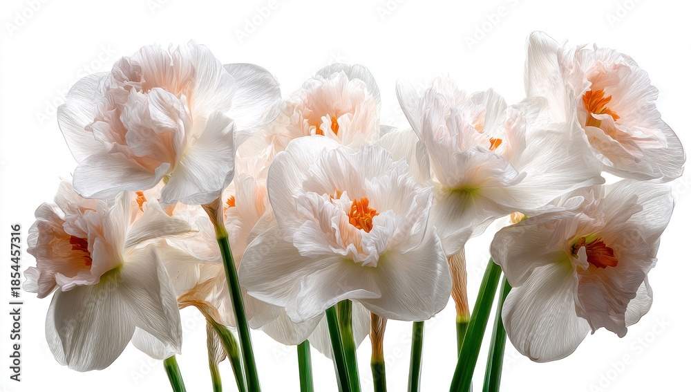 Fototapeta premium Close up of elegant white and peach daffodils on a clean white background