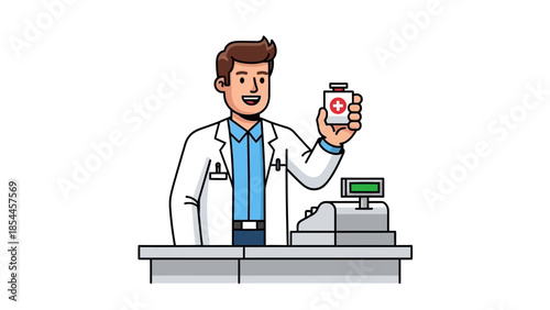 Smiling pharmacist holding medicine bottle at pharmacy counter