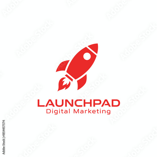 Red rocket logo symbolizing growth and innovation for a digital marketing brand, representing strategy, launch, and online business acceleration.