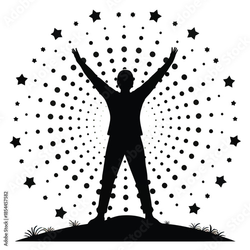 Black and white silhouette of man reaching for stars, graphic