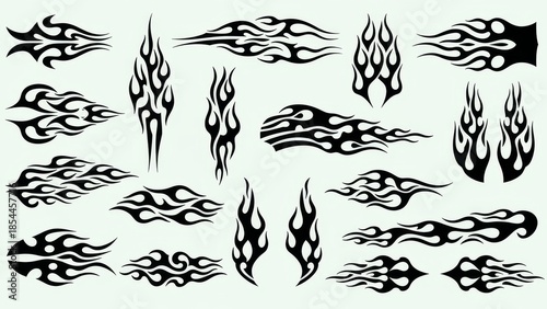 Set of tribal tattoo designs featuring floral vector illustrations with black vintage patterns and decorative swirl elements for art borders or frame shapes