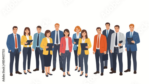 Diverse group of business professionals standing confidently in formal attire